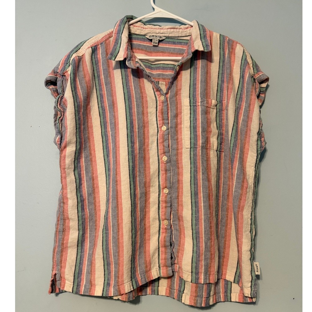 Orvis Women's XL Linen Blend Striped Button Down Short Sleeve Multi Color 2083